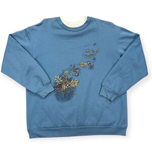 Vintage Carroll Reed Sweatshirt Womens XL Blue Floral Cottagecore 90s Grandma